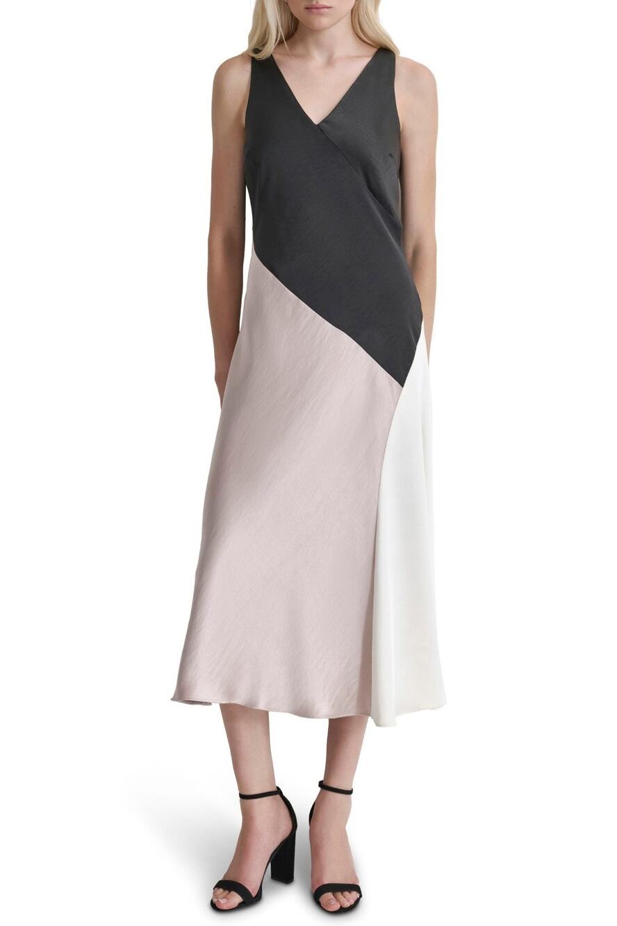 DKNY Colorblock Satin Midi Dress Black Taupe Cream V-Neck Size 8